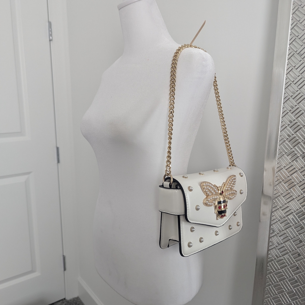 Elegant White Studded Bag with Gold Chain - Picture 3 of 16